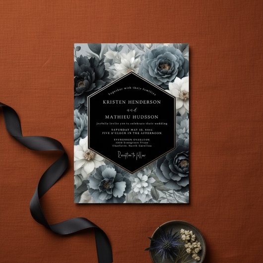 Slate Blue Dark Bloom Wedding Kaart