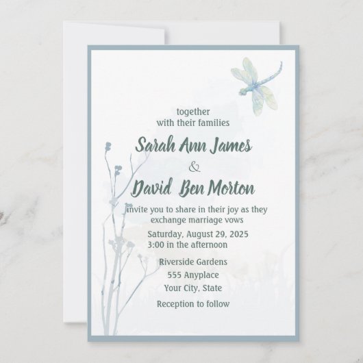 Slate Blue Dragonfly Eenvoudig groen bruiloft Kaart (Voorkant)