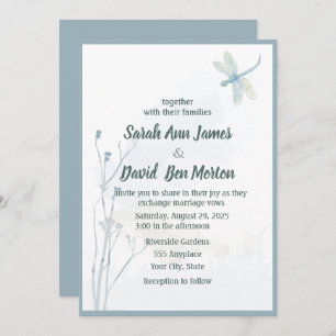 Slate Blue Dragonfly Simple Greenery Wedding Kaart