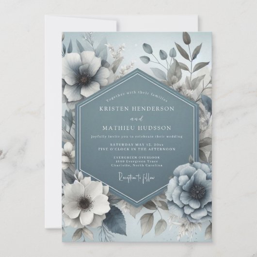 Slate Blue Dreamy Floral Wedding Kaart (Voorkant)