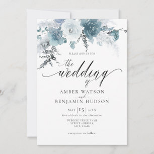 Slate Blue Dusty Pastel Floral Boho Pampas Wedding Kaart