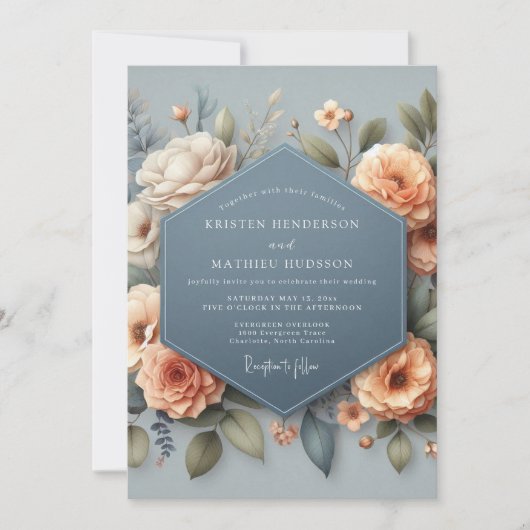 Slate Blue Elegant Bloom Wedding Kaart (Voorkant)