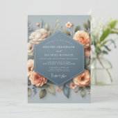 Slate Blue Elegant Bloom Wedding Kaart (Staand voorkant)
