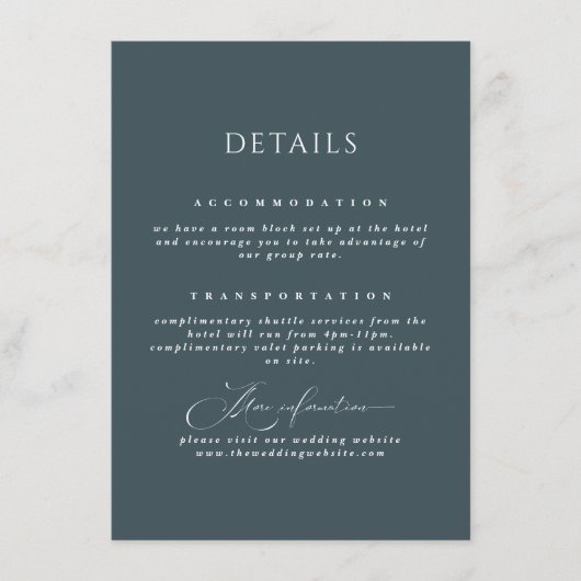Slate Blue Elegant Kalligrafie Wedding Details Informatiekaartje (Voorkant)