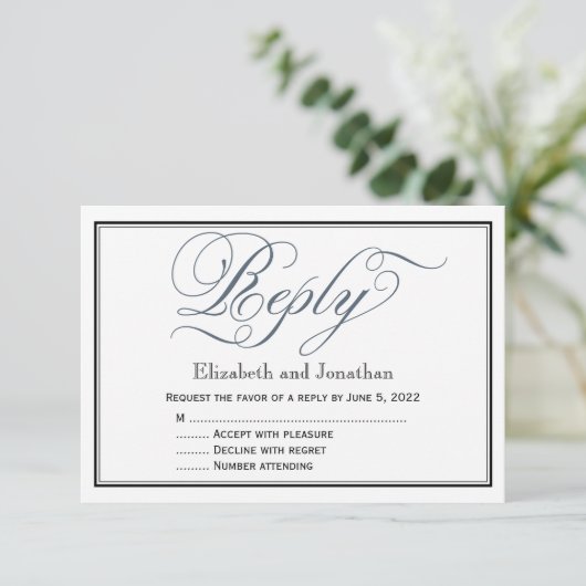 Slate Blue Elegant Script Reply Kaart (Staand voorkant)