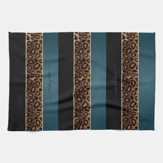 Slate Blue en Black Leopard Animal Print Theedoek (Horizontaal)