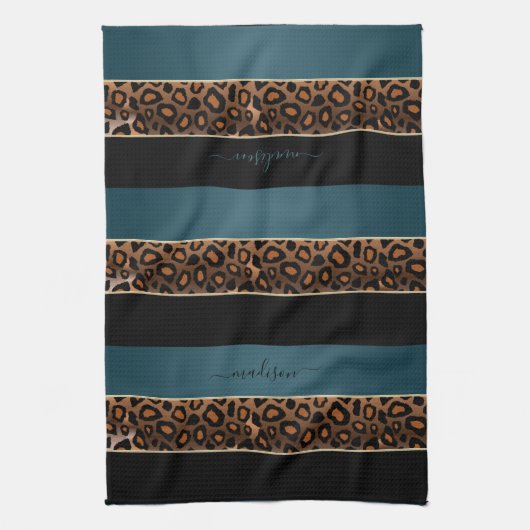 Slate Blue en Black Leopard Animal Print Theedoek (Verticaal)