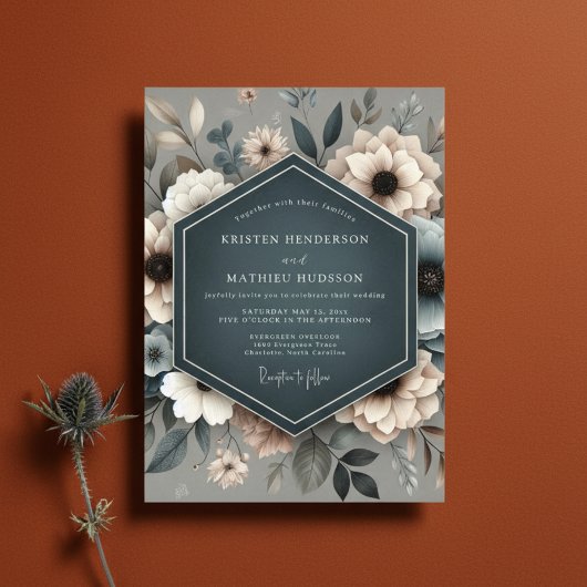 Slate Blue Ethereal Bloom Wedding Kaart