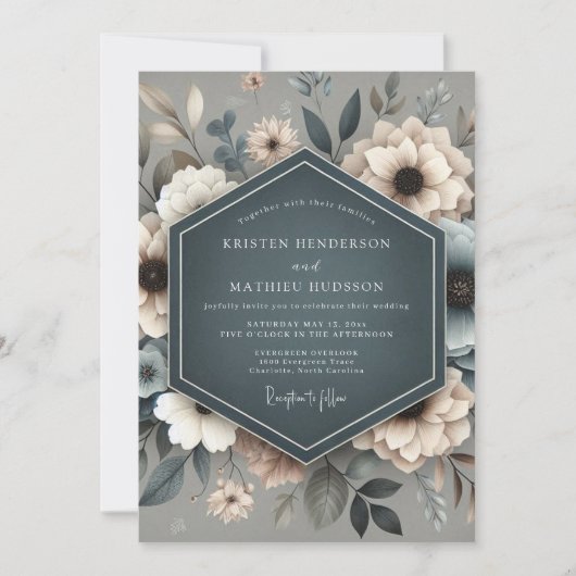 Slate Blue Ethereal Bloom Wedding Kaart (Voorkant)