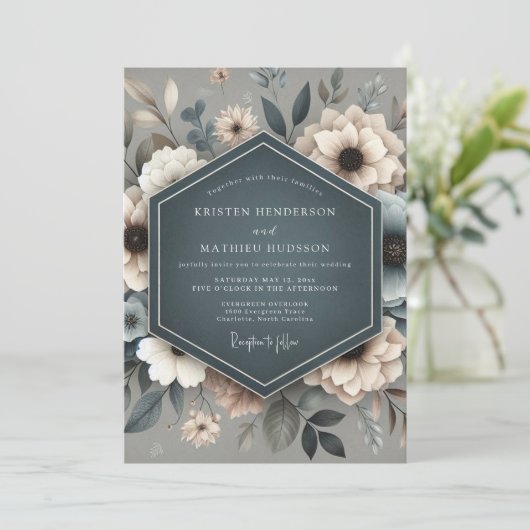 Slate Blue Ethereal Bloom Wedding Kaart (Staand voorkant)