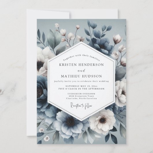 Slate Blue Ethereal Bloom Wedding Kaart (Voorkant)