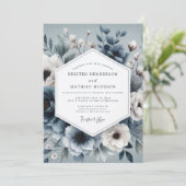 Slate Blue Ethereal Bloom Wedding Kaart (Staand voorkant)