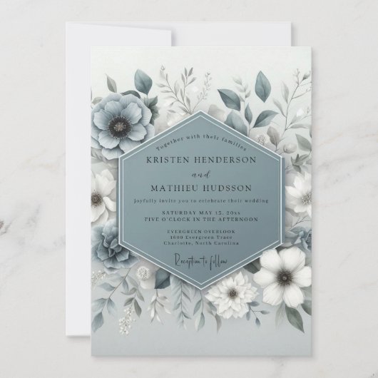 Slate Blue Ethereal Botanical Wedding Kaart (Voorkant)