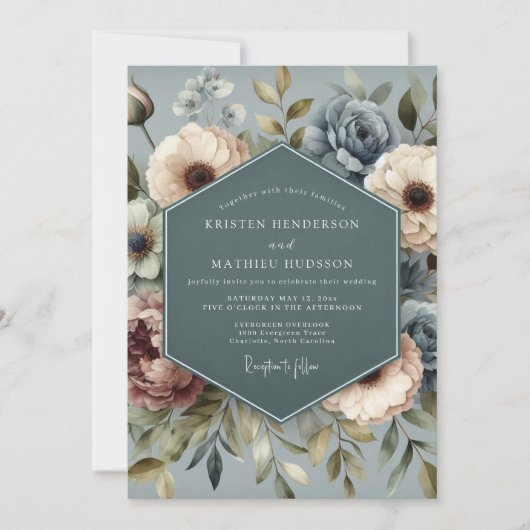 Slate Blue Faded Posy Wedding Kaart (Voorkant)