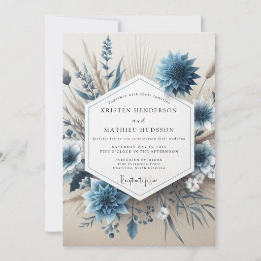 Slate Blue Floral Autumn Wedding Kaart (Voorkant)