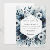 Slate Blue Floral Bloom Wedding Kaart (Voorkant / Achterkant)