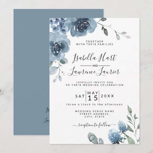 Slate Blue Floral Dusty Blue Pastel Wedding Kaart (Voorkant / Achterkant)