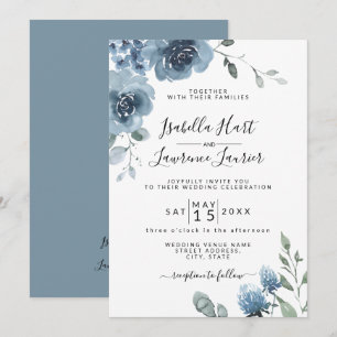 Slate Blue Floral Dusty Blue Pastel Wedding Kaart