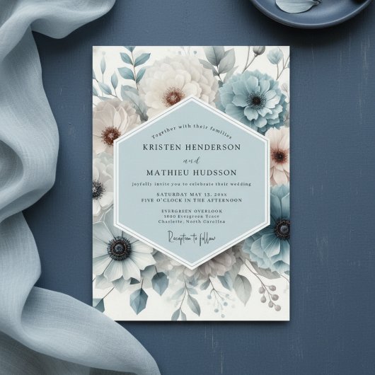 Slate Blue Floral Elegance Wedding Kaart