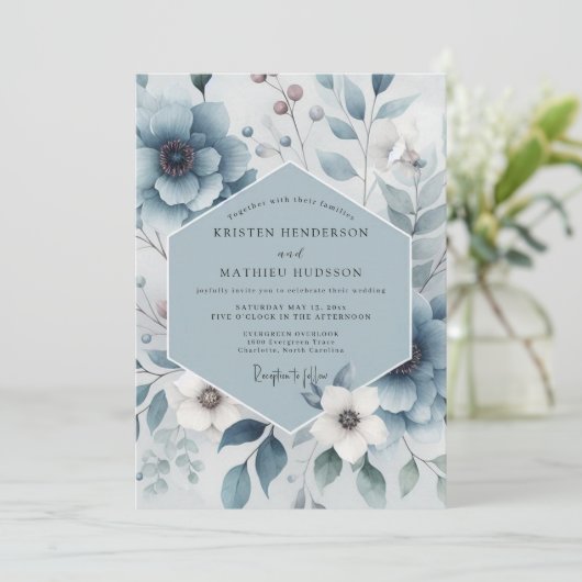 Slate Blue Floral Harmony Wedding Kaart (Staand voorkant)