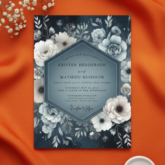 Slate Blue Floral Nightfall Wedding Kaart