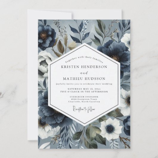 Slate Blue Floral Romance Wedding Kaart (Voorkant)