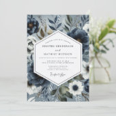 Slate Blue Floral Romance Wedding Kaart (Staand voorkant)