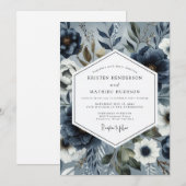 Slate Blue Floral Romance Wedding Kaart (Voorkant / Achterkant)