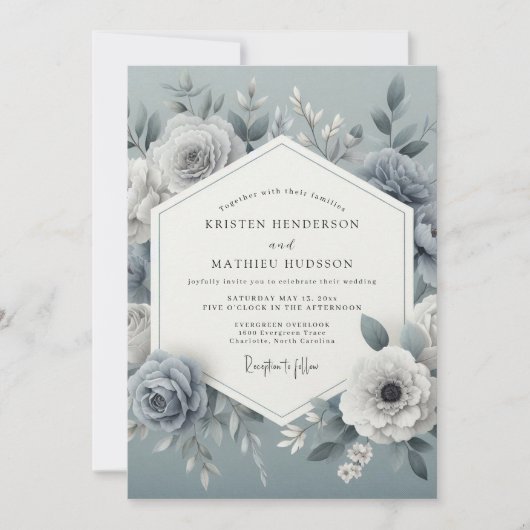 Slate Blue Floral Romantic Wedding Kaart (Voorkant)