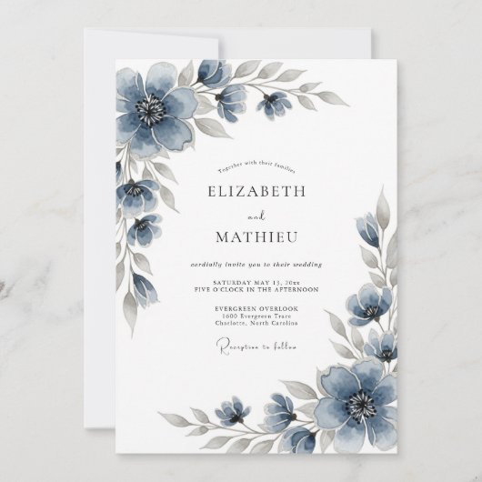 Slate Blue Floral Romantic Wedding Kaart (Voorkant)