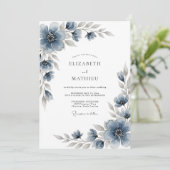 Slate Blue Floral Romantic Wedding Kaart (Staand voorkant)