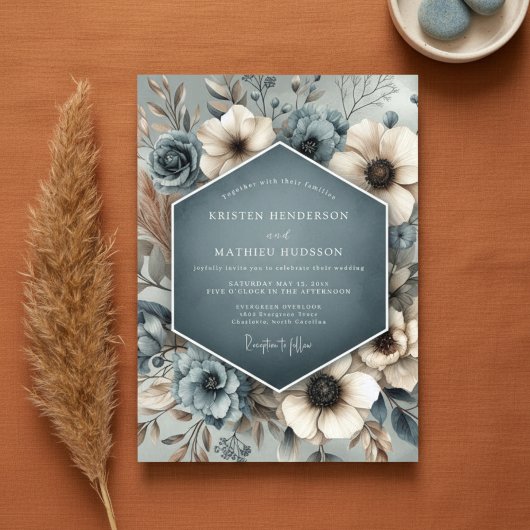 Slate Blue Floral Whimsy Wedding Kaart