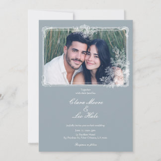 Slate Blue French Country Wedding Photo Invitation Kaart