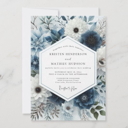 Slate Blue Frosted Flora Wedding Kaart (Voorkant)
