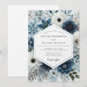 Slate Blue Frosted Flora Wedding Kaart (Voorkant / Achterkant)
