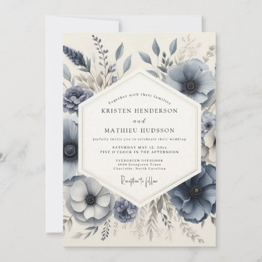 Slate Blue Frosted Floral Wedding Kaart (Voorkant)