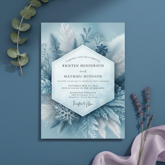 Slate Blue Frosty Botanical Wedding Kaart