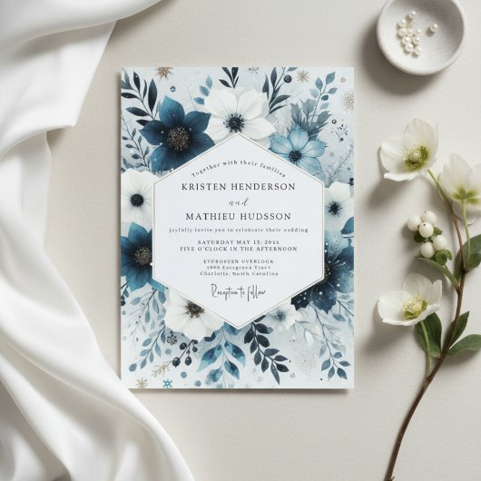 Slate Blue Frosty Flora Wedding Kaart