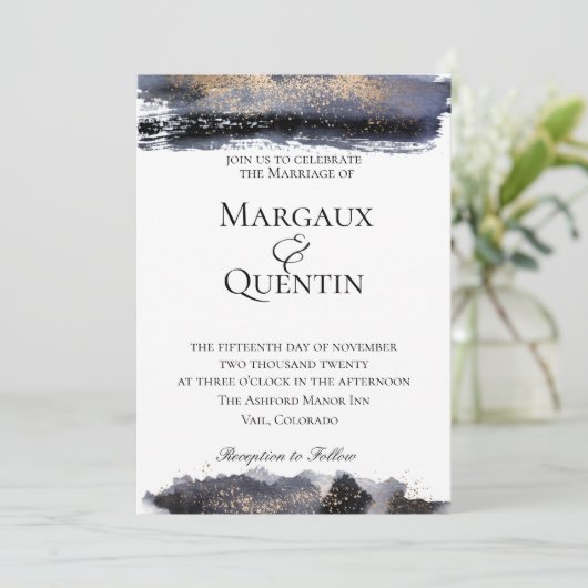 Slate Blue Golden Brush Uitnodiging voor de bruilo (Staand voorkant)