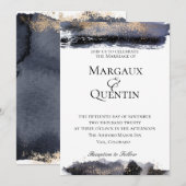 Slate Blue Golden Brush Uitnodiging voor de bruilo (Voorkant / Achterkant)