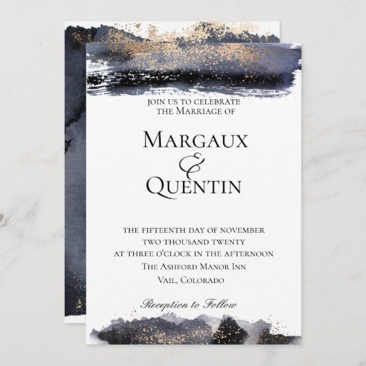 Slate Blue Golden Brush Uitnodiging voor de bruilo (Voorkant / Achterkant)
