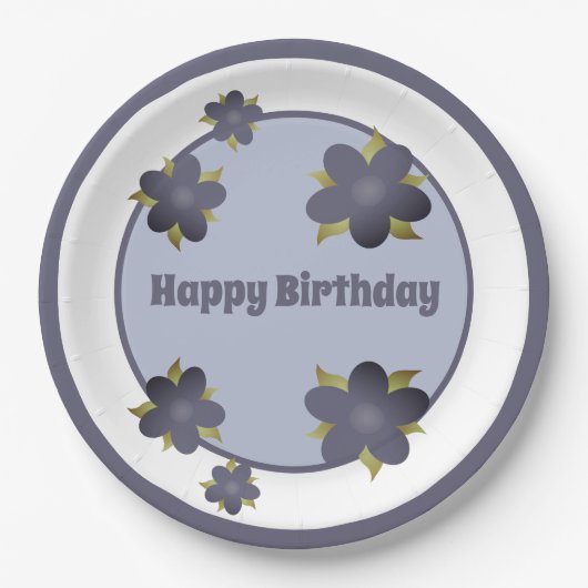 Slate Blue Grey Bloemen Papier Verjaardag Borden Papieren Bordje (Voorkant)