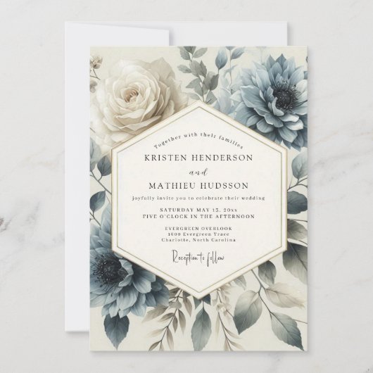 Slate Blue Heirloom Bloom Wedding Kaart (Voorkant)
