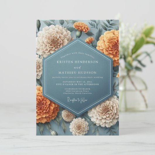 Slate Blue Marigold Bloom Wedding Kaart (Staand voorkant)