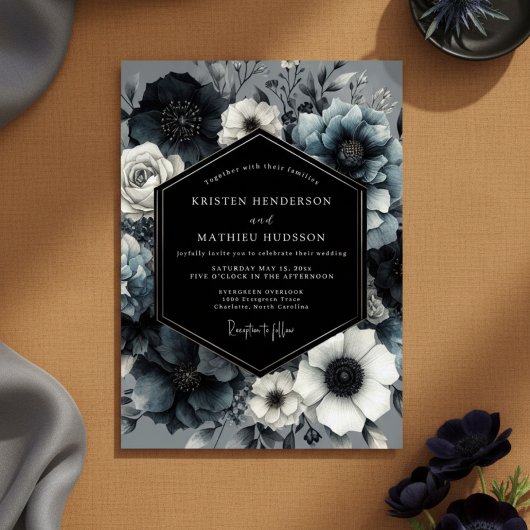 Slate Blue Midnight Bloom Wedding Kaart