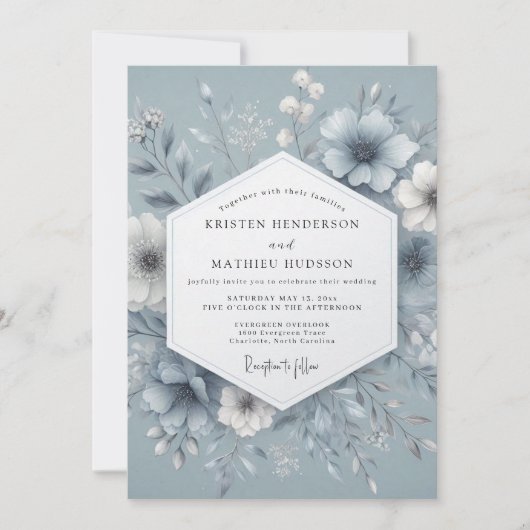 Slate Blue Misty Bloom Wedding Kaart (Voorkant)