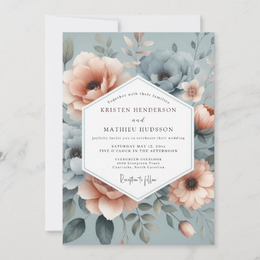 Slate Blue Misty Floral Wedding Kaart (Voorkant)