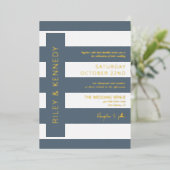 Slate Blue Modern Stripes Typography Wedding Gold Folie Uitnodiging (Staand Voorkant)