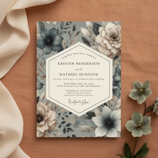 Slate Blue Moody Bloom Wedding Kaart