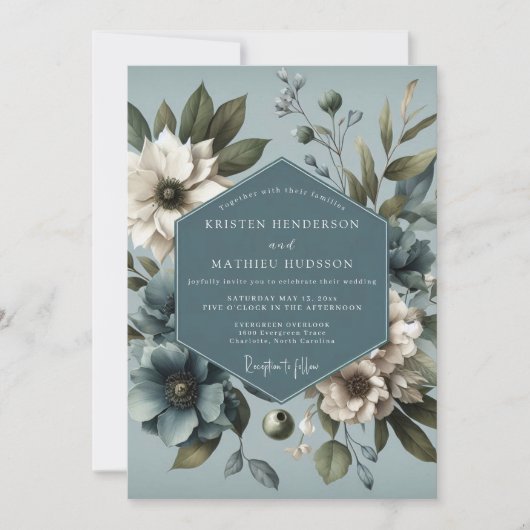 Slate Blue Moody Botanical Wedding Kaart (Voorkant)